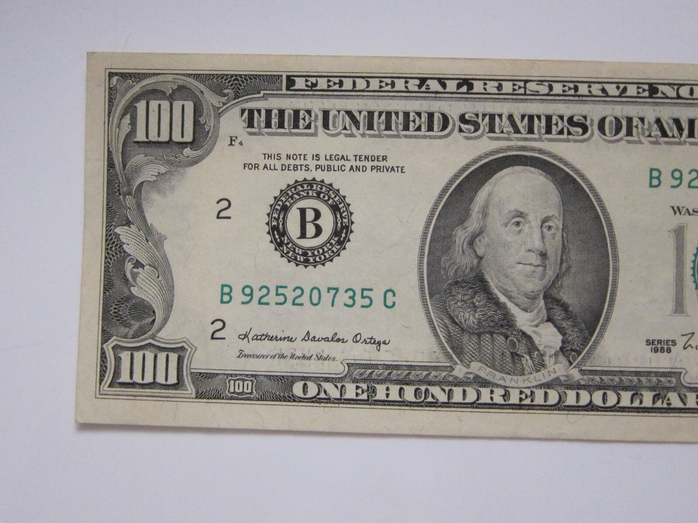 1988 $100 Printing Error on Back #B92520735C