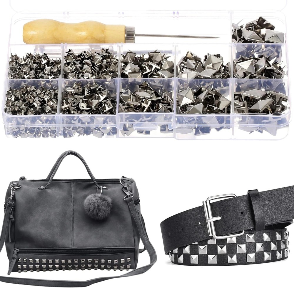968 Pcs Assorted Sizes Square Pyramid Studs Prong Studs for Clothing Leather Riv