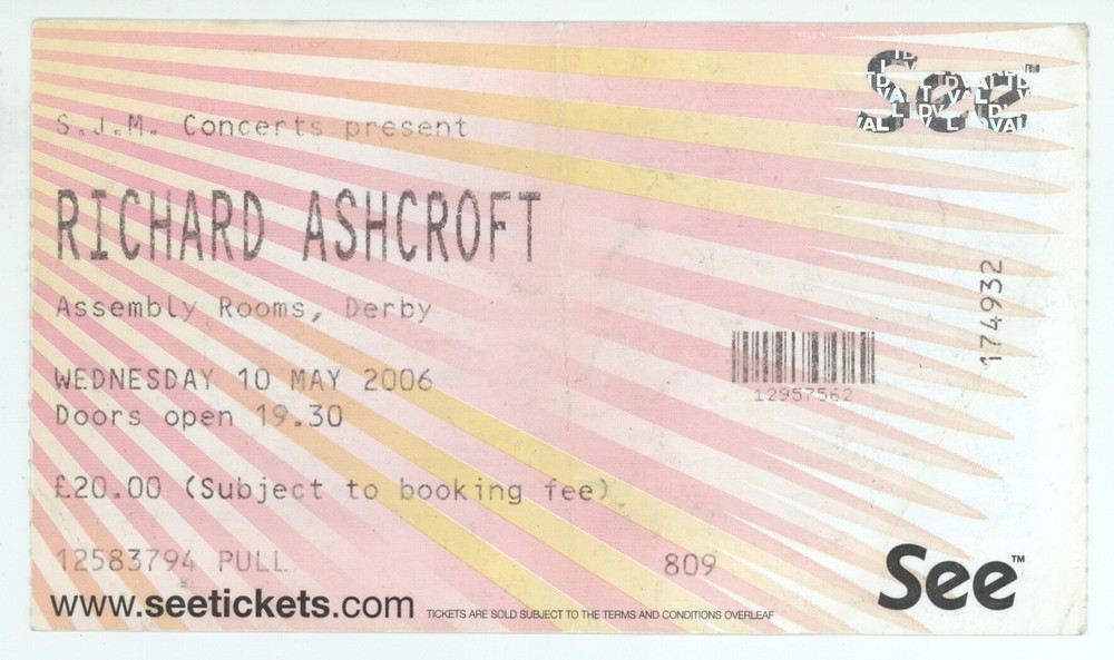 Richard Ashcroft 5/10/06 Derby Assembly Rooms Concert Rare Ticket Stub! UK