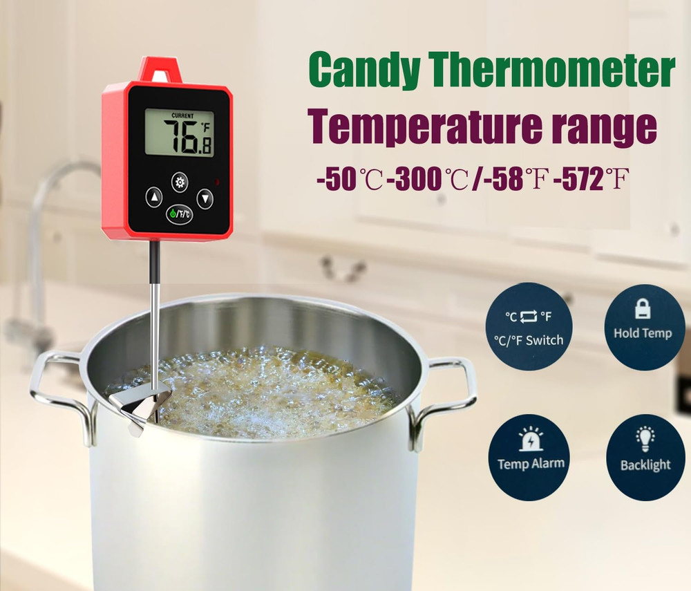 Digital Candy Thermometer with Pot Clip,Alarm Function,10'' Long Probe,Rotatable