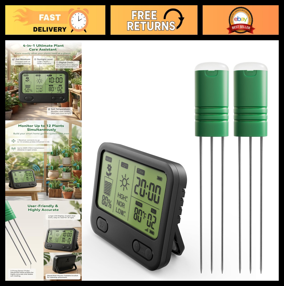 Wireless Soil Moisture Meter - 3-in-1 Sensor for Moisture, Temp & Light, 230ft R