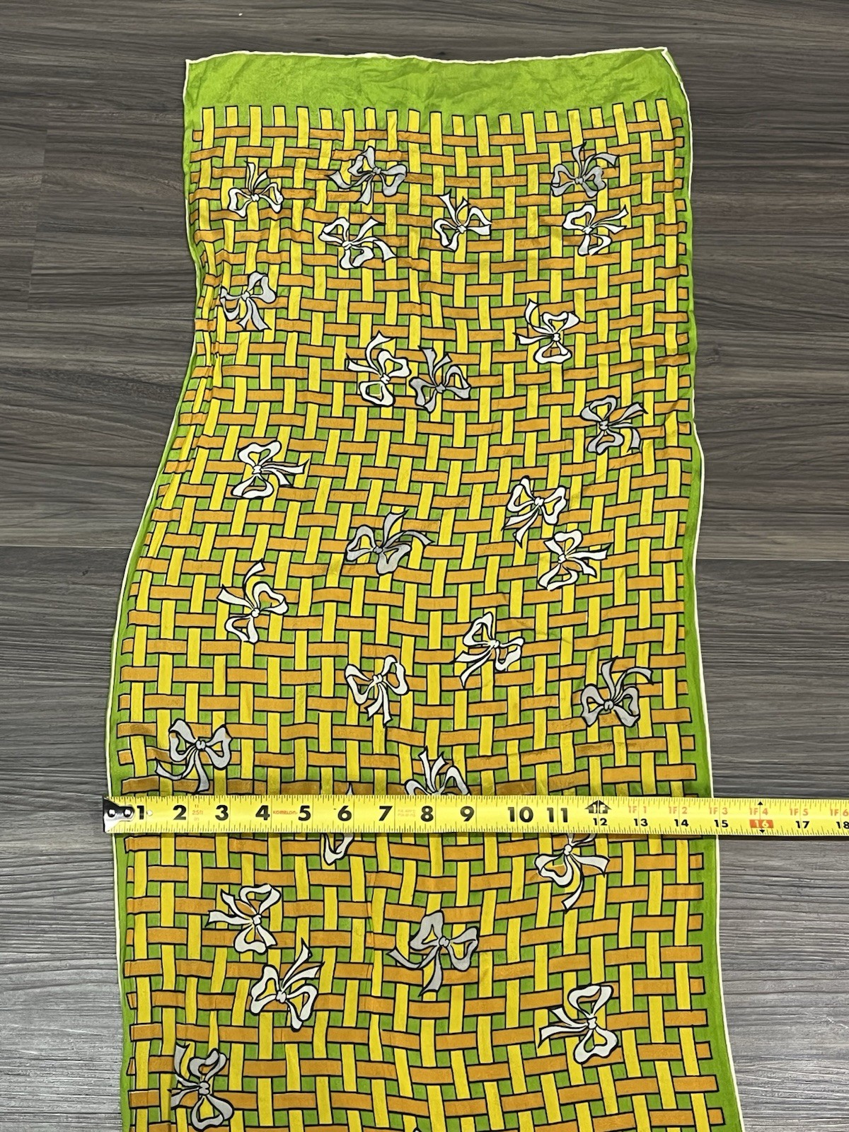 Vintage Unbranded Rectangle Woven Basket Pattern Bows Green Yellow Orange Scarf