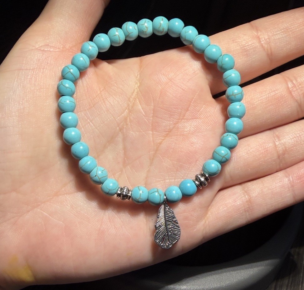 Turquoise Beaded Bracelet Silver Dangle Leaf Charm Nature Theme Stackable