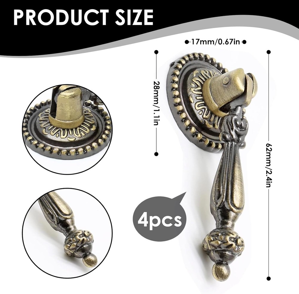 4 Pack Antique Bronze Cabinet Pull Handles – Vintage Tear Drop Drawer Knobs, Dec