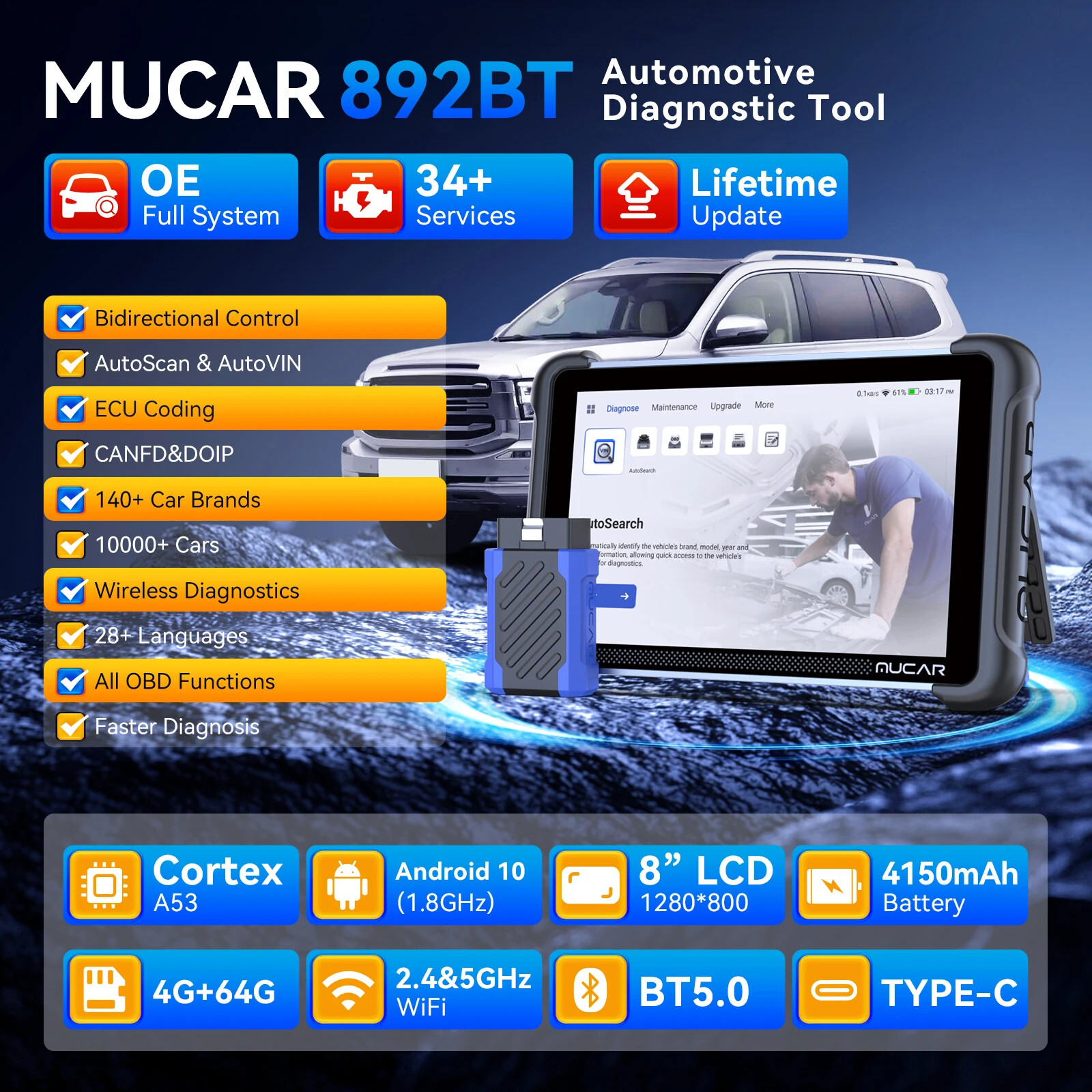 892BT Bidirectional OBD2 Scanner All System Car Diagnostic Tool E.CU Coding FCA