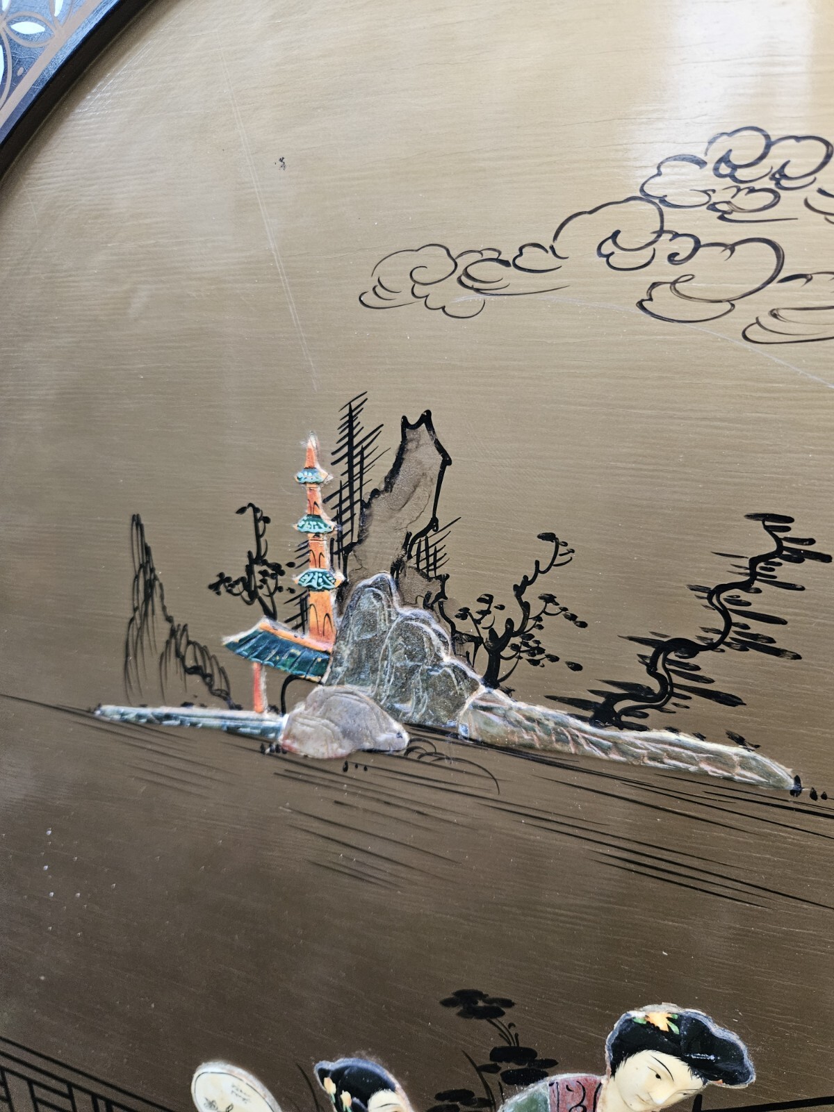 Black Lacquer Rainbow Mother Of Pearl Art Piece 30" Round - Asian