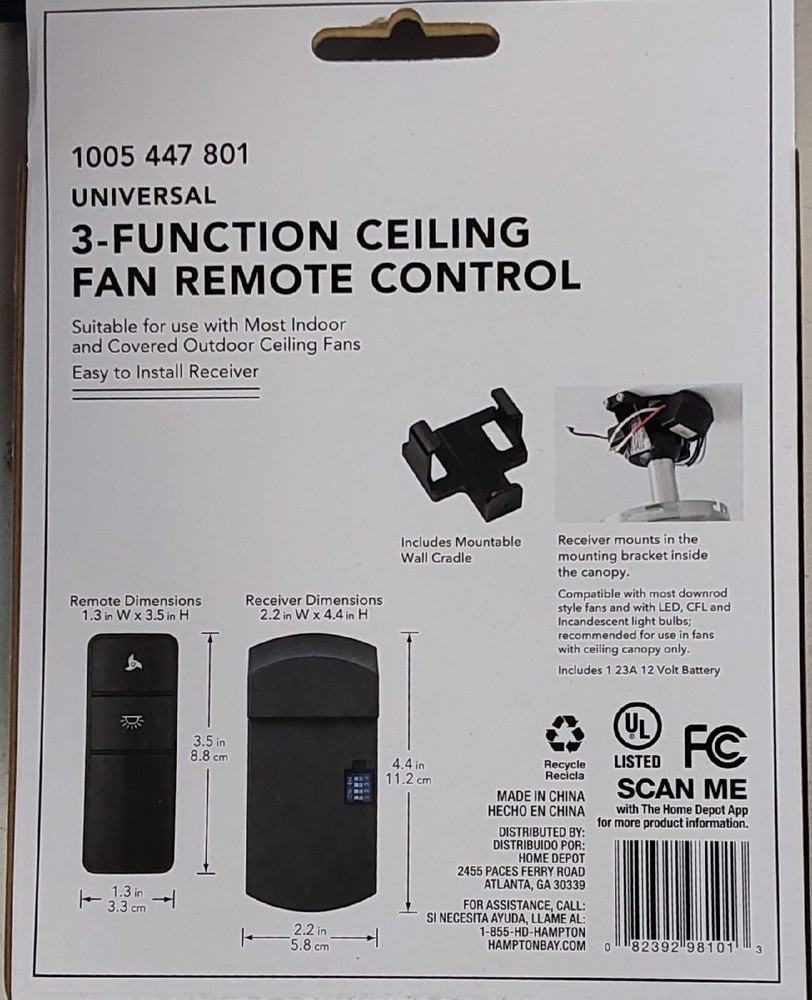 NEW! HAMPTON BAY Universal Basic On/Off Ceiling Fan Remote Control (Damp Rated)