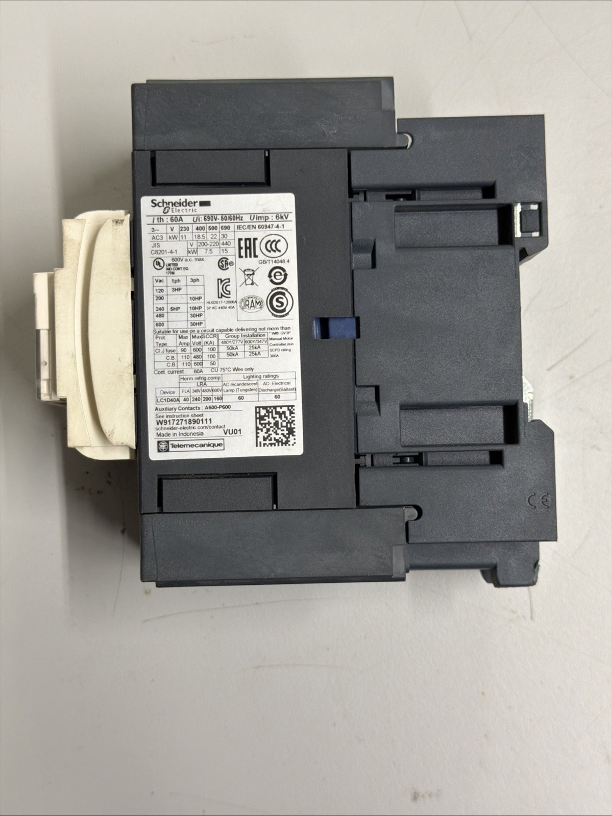 Schneider Electric LC1D40A Contactor, 60A, 600V, 120V Coil, 60Hz