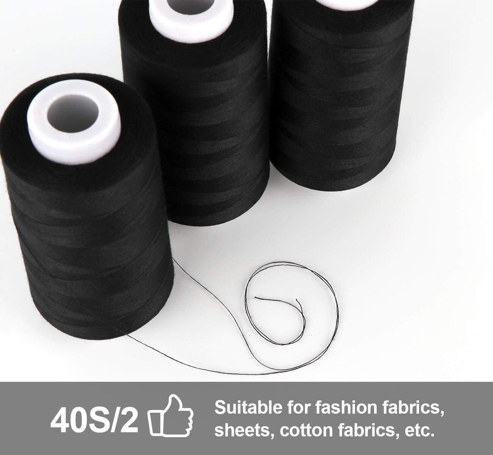4 x 3000 Yards Serger Thread Spools Black Polyester Sewing Threads Overlock Cone