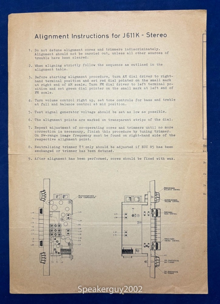 Original Blaupunkt J611K Foldout Schematic