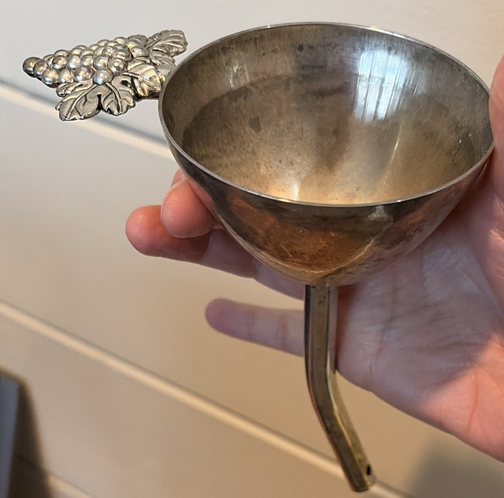 Silver Plated  Wine Funnel W/Grape Handle Vintage 5.5”