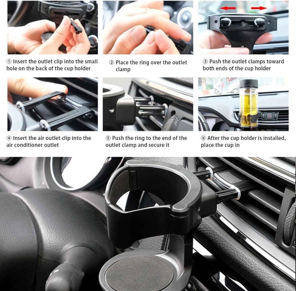 Universal A/C Vent Drink Holder with 3 Mounting Clip Sizes - Efficient Design