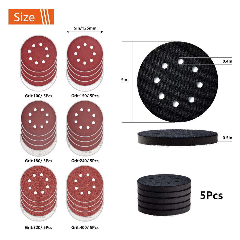 5 Pcs 5 Inch 8 Holes Hook and Loop Backing Sponge Pad Soft Density Interface Pad