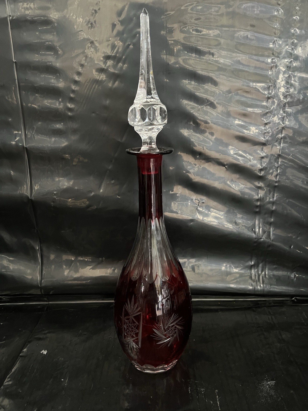 VINTAGE Ruby Red Cut to Clear Crystal Decanter [725]