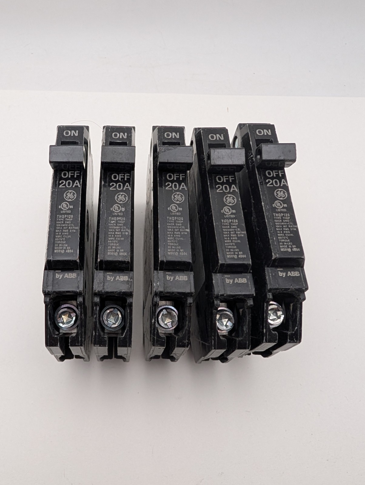 LOT OF 5 GE Thin Series Circuit Breaker 1-pole 20-Amp THQP120 (Storage Wear)