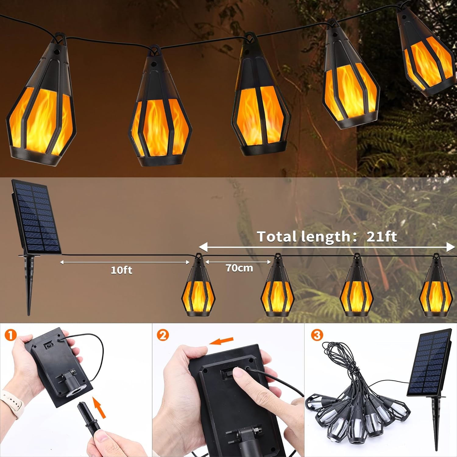 Solar String Lights for Outside 28Ft Patio Lights 15 Flickering Flame Light Bulb