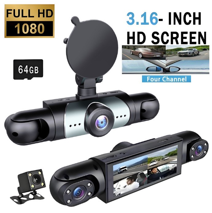 4 Channel Dash Cam 1080p Front Rear Left Right View with Reverse Camera