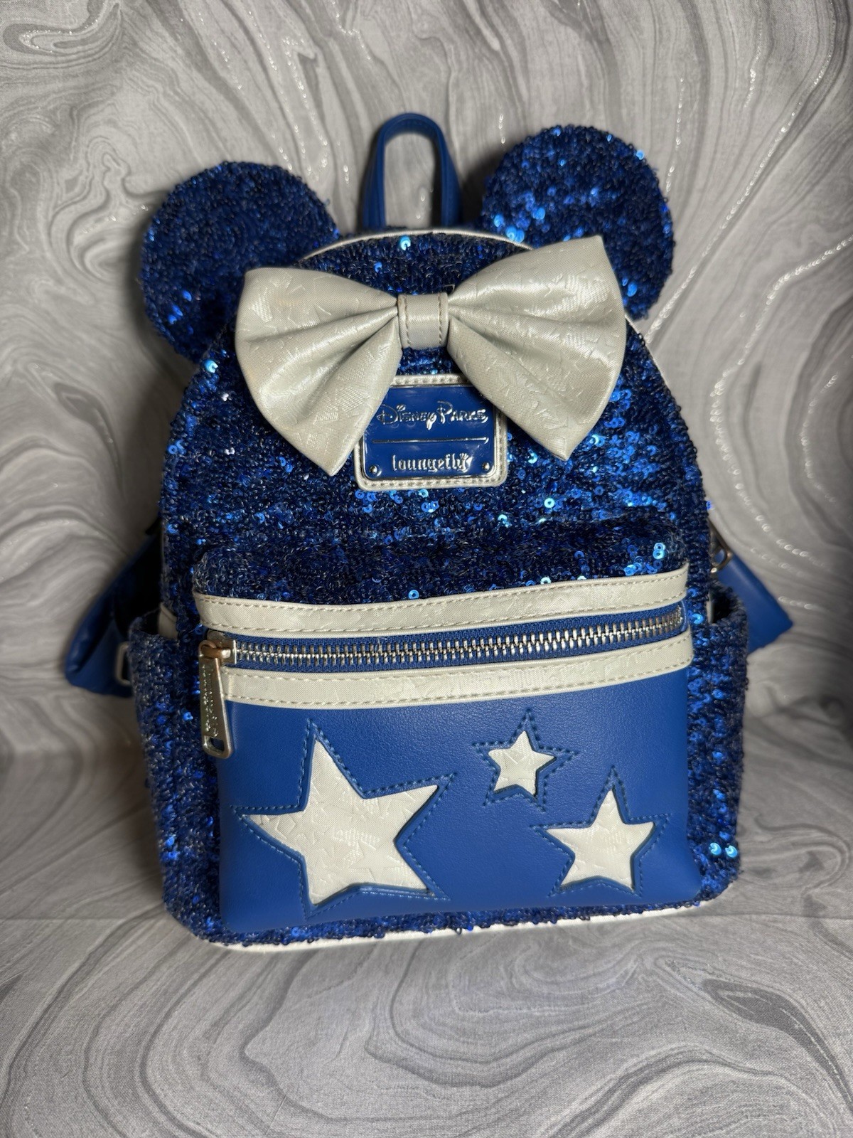 Disney Parks Loungefly Mini Blue Sequin Make A Wish Silver Stars ✨ Read✨