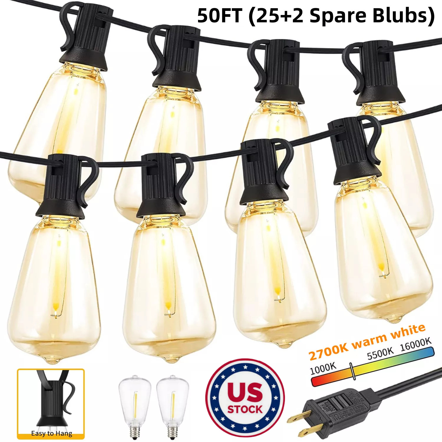 50FT - 500FT LED Outdoor String Lights Dimmable Waterproof ST38 LED Patio Lights