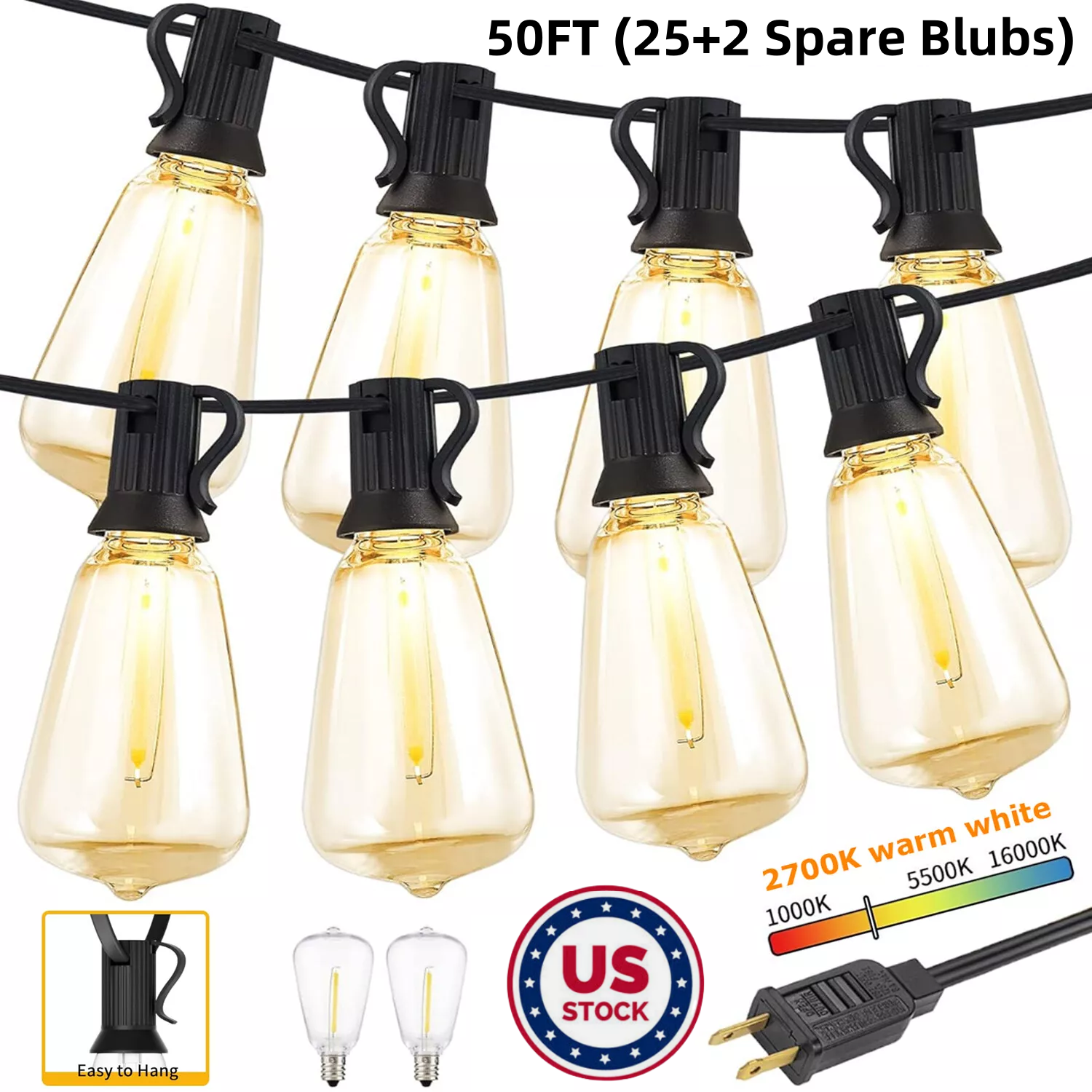 50FT - 500FT LED Outdoor String Lights Dimmable Waterproof ST38 LED Patio Lights