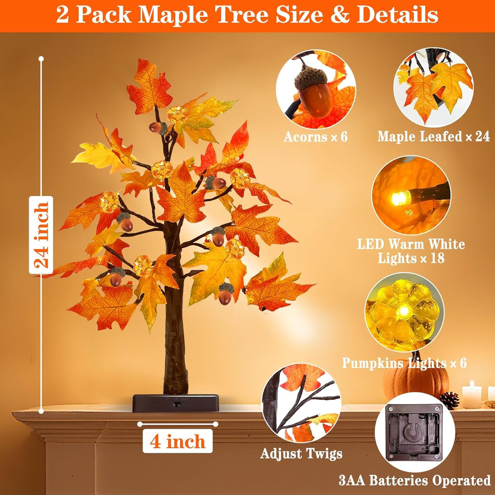 Thanksgiving Fall Decor-2 Pack 24 Inch Prelit Fall Maple Tree 48Leds Timer Acorn