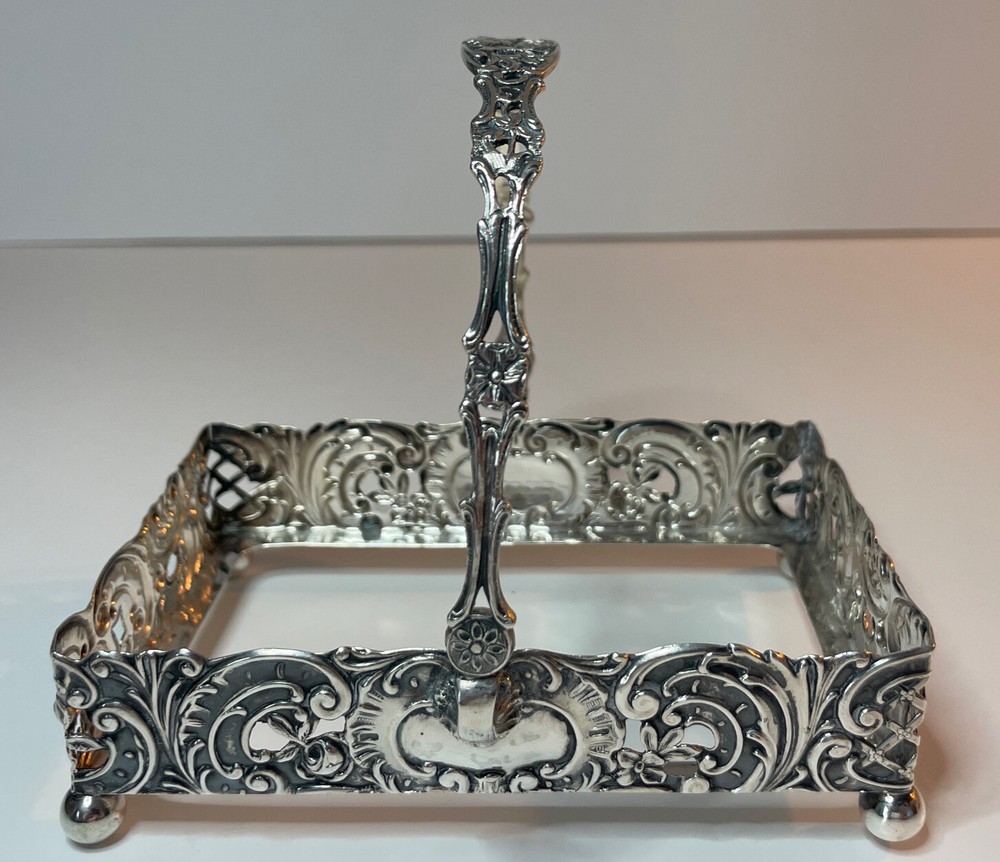 Germany Sterling Repousse Basket Etched Glass Insert Rectangular Swing Handle