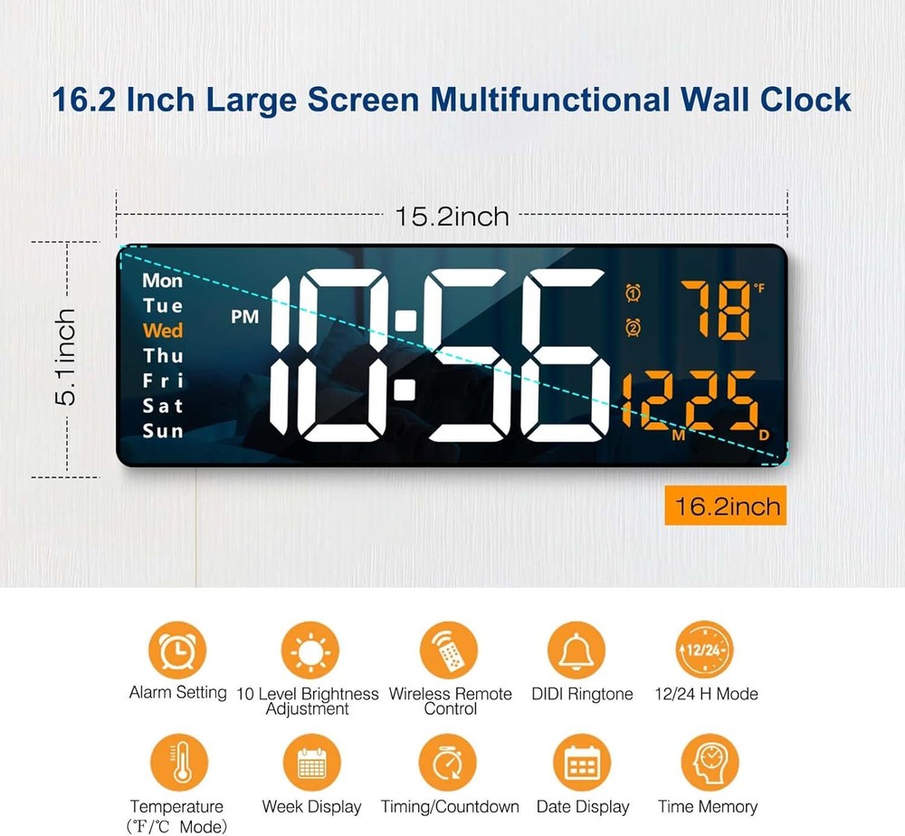 Large Display Digital Wall Clock, 16.2” with Remote Control, (Orange)