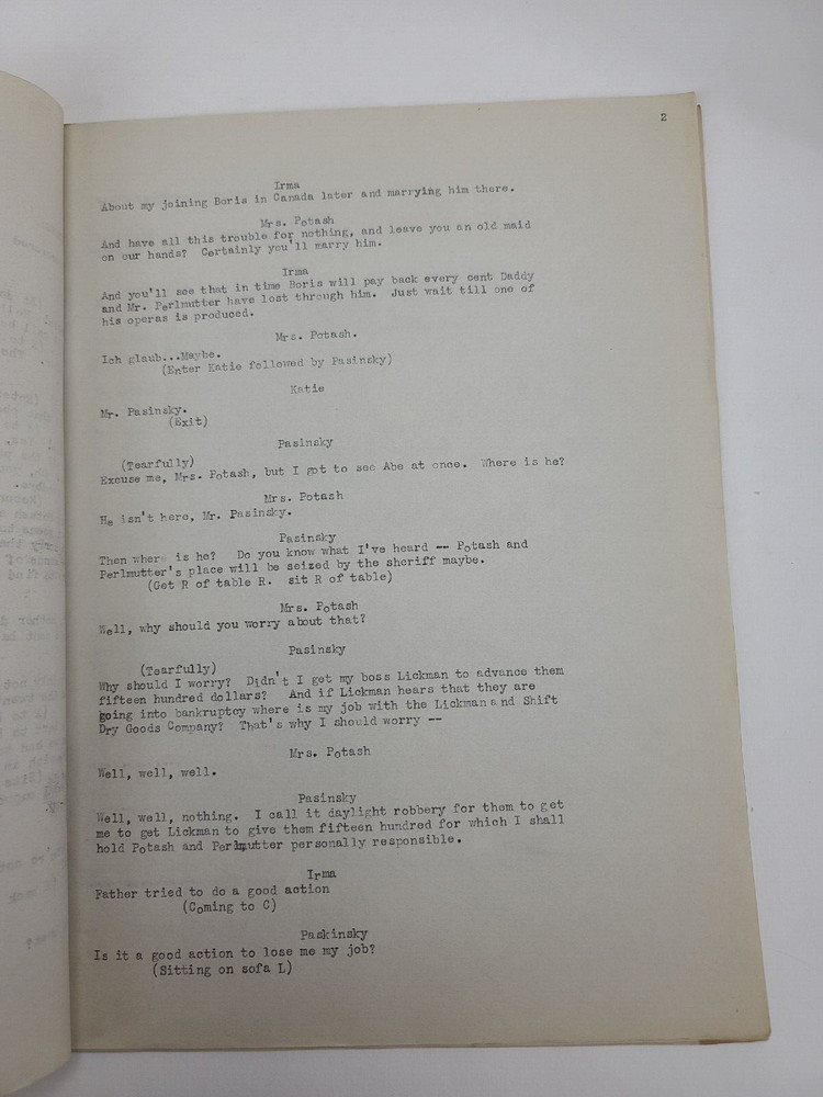 POTASH AND PERLMUTTER / 1914 Broadway Play Script, produced by A. H. Woods