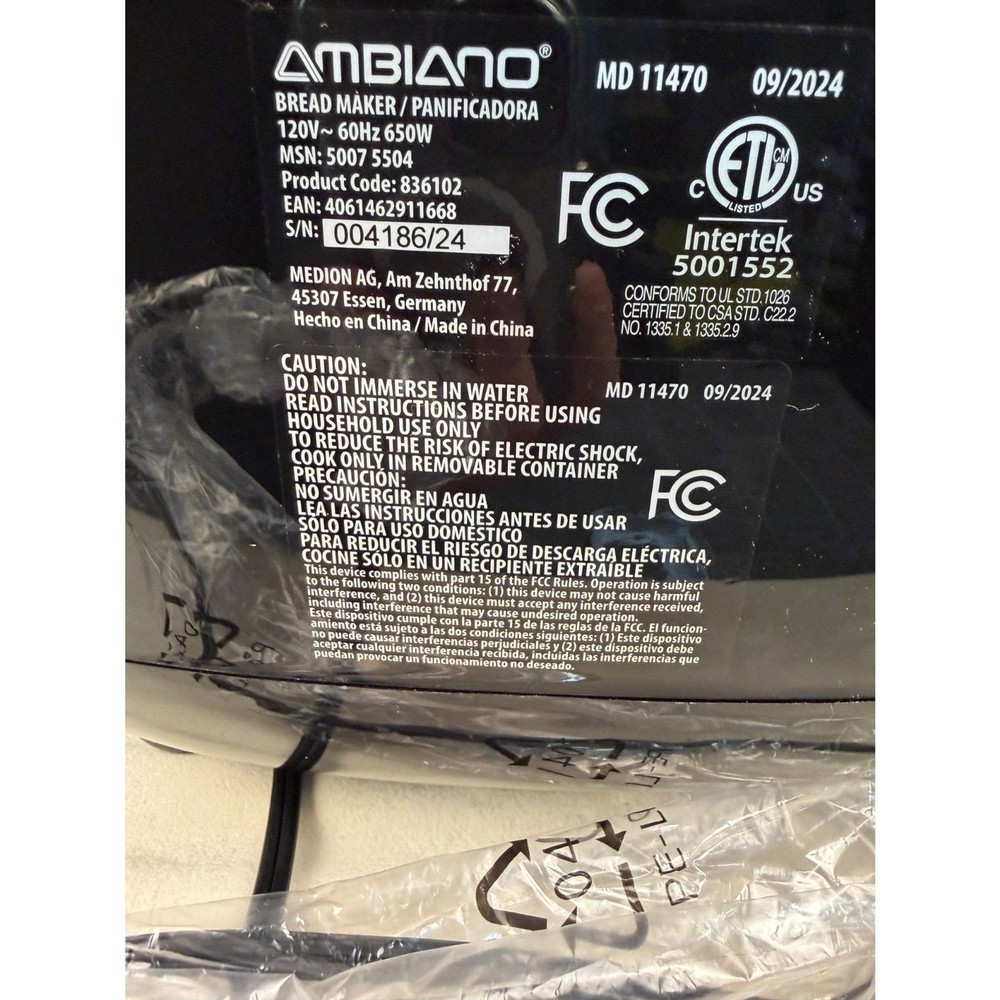 Ambiano Bread Maker – 19 Programable functions- Automatic Bread Machine