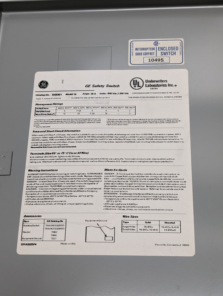 GENERAL ELECTRIC TH3361 Model 10 Safety Switch (USED).