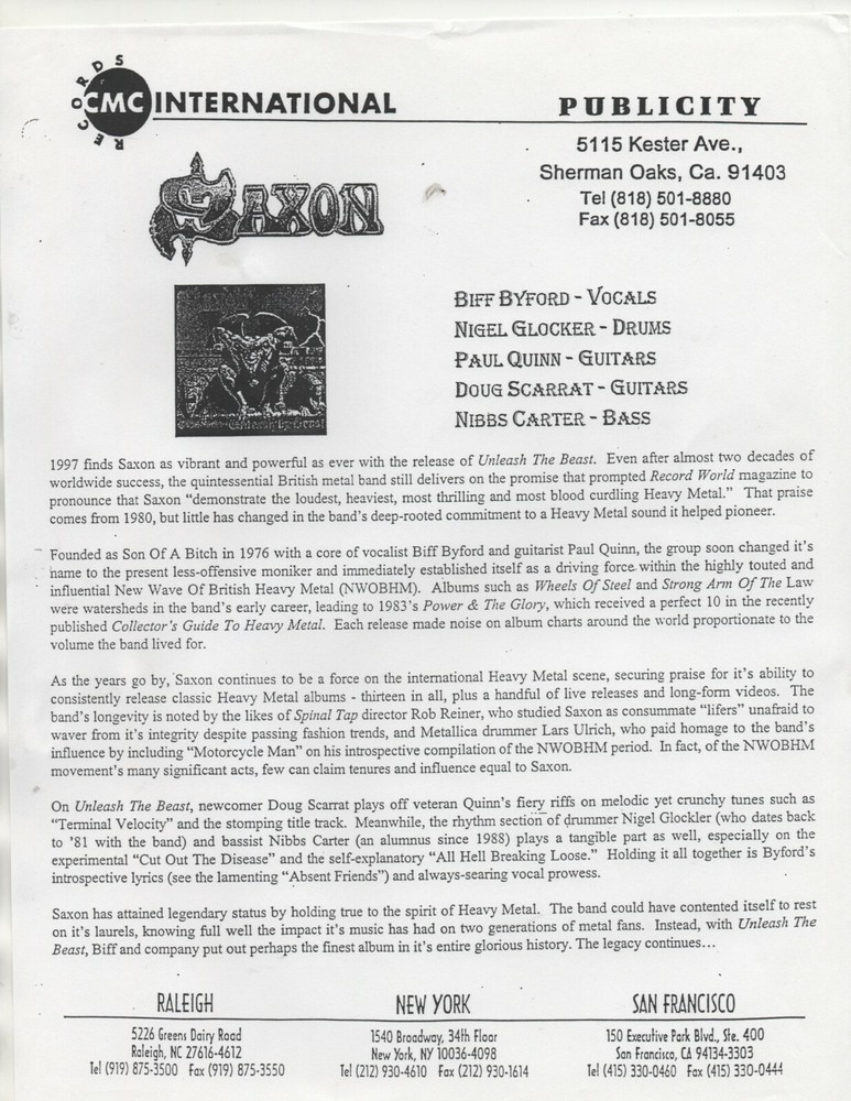 SAXON - TWO ( 2 ) ORIGINAL PRESS RELEASES