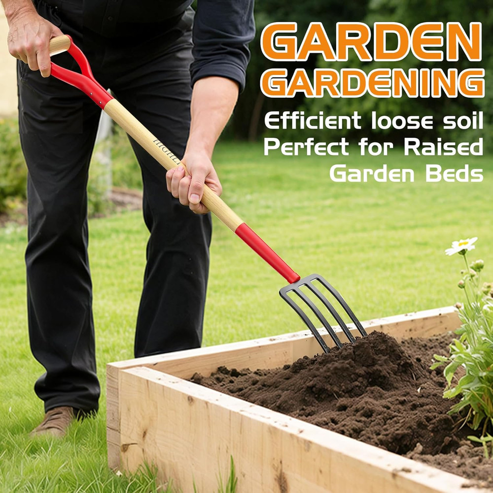 Garden Fork, 4-Tine Spading Fork, Compost Fork, Steel Digging Fork, 45Inch, Stee