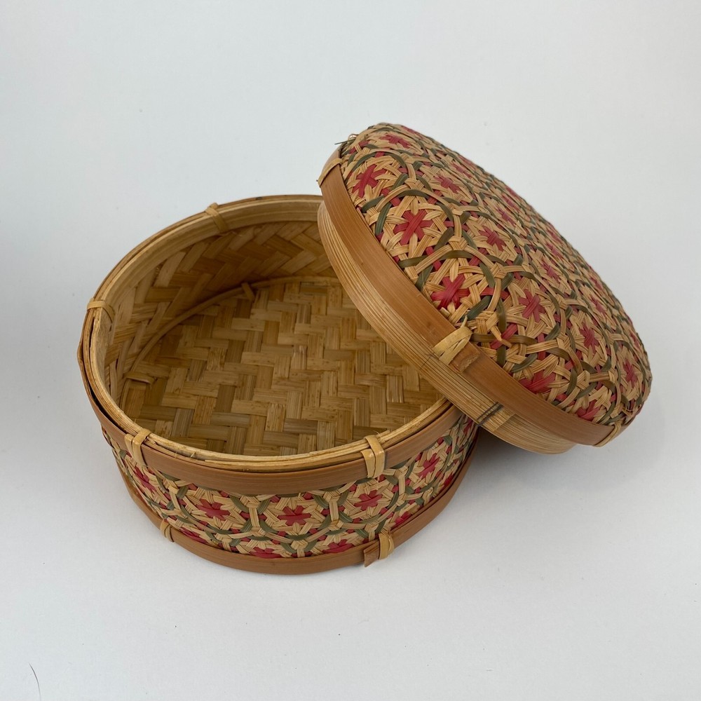 Thai Handicraft Bamboo Nesting Boxes Pikul Pattern Basket Set 2 EUC Decor