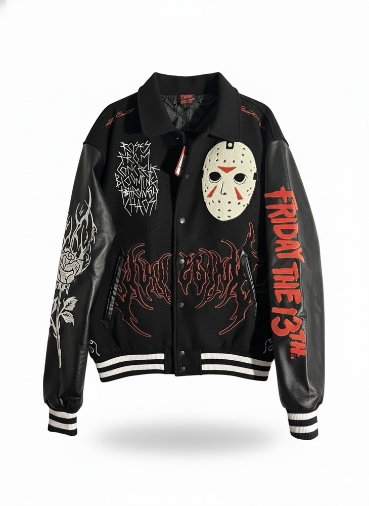 Men’s Horror Slasher Varsity Jacket | Embroidered Mask Patch Bomber Jacket