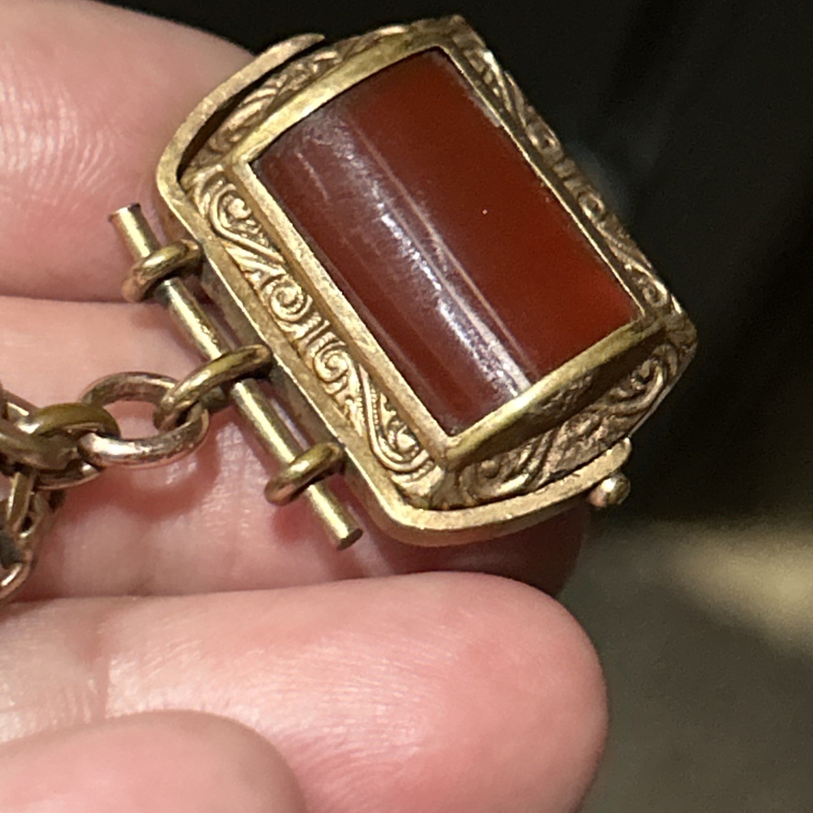 Vintage CHARNIER 1/10 Watch Chain Rose GF Abalone Carnelian Spinner GF Fob 11”