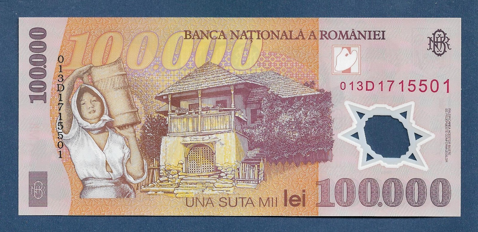 (DN) Romania 100000 Lei 2001 (2001) "Prefix 01" First Issue P-114a UNC