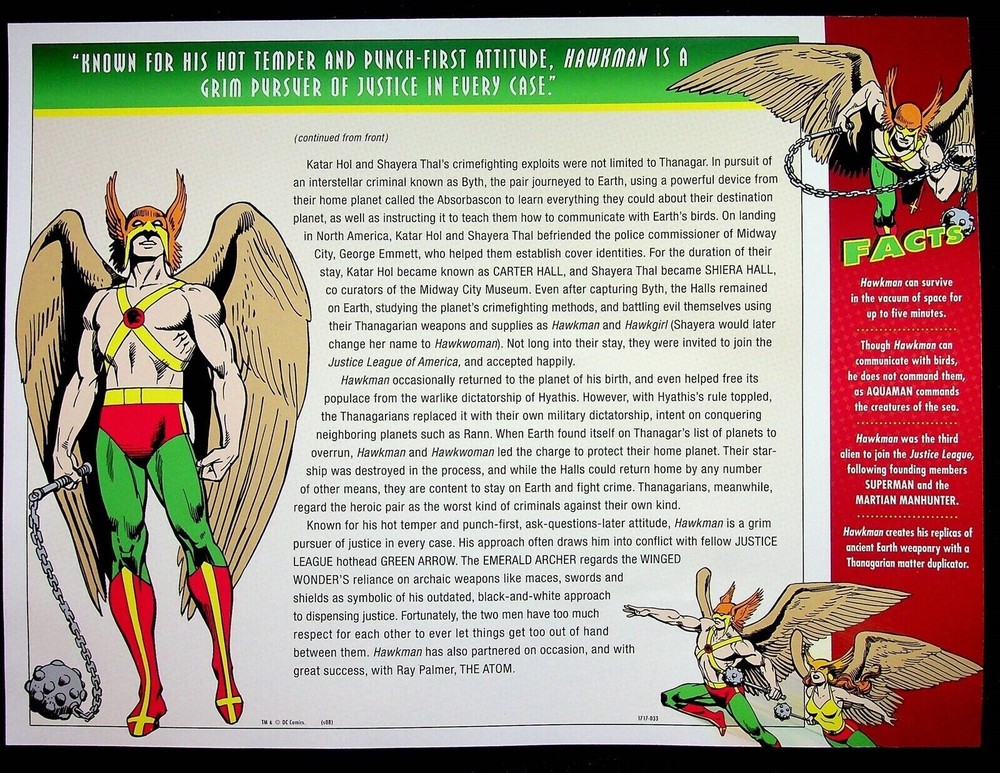 HAWKMAN PATCH on INFO CARD ~ from Willabee & Ward ~ DC COMICS PATCH COLLECTION