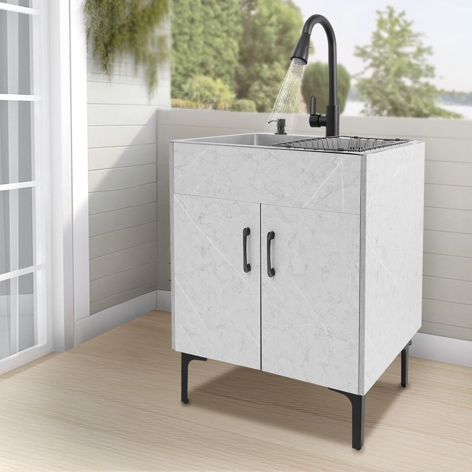 Gray Laundry Stainless Steel Sink with Cabinet + PDraining Basket+Faucet