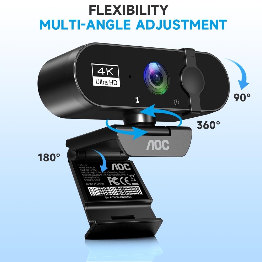 4k Webcam for PC with Microphone, Computer Camera with Noise Cancellation, Pr...