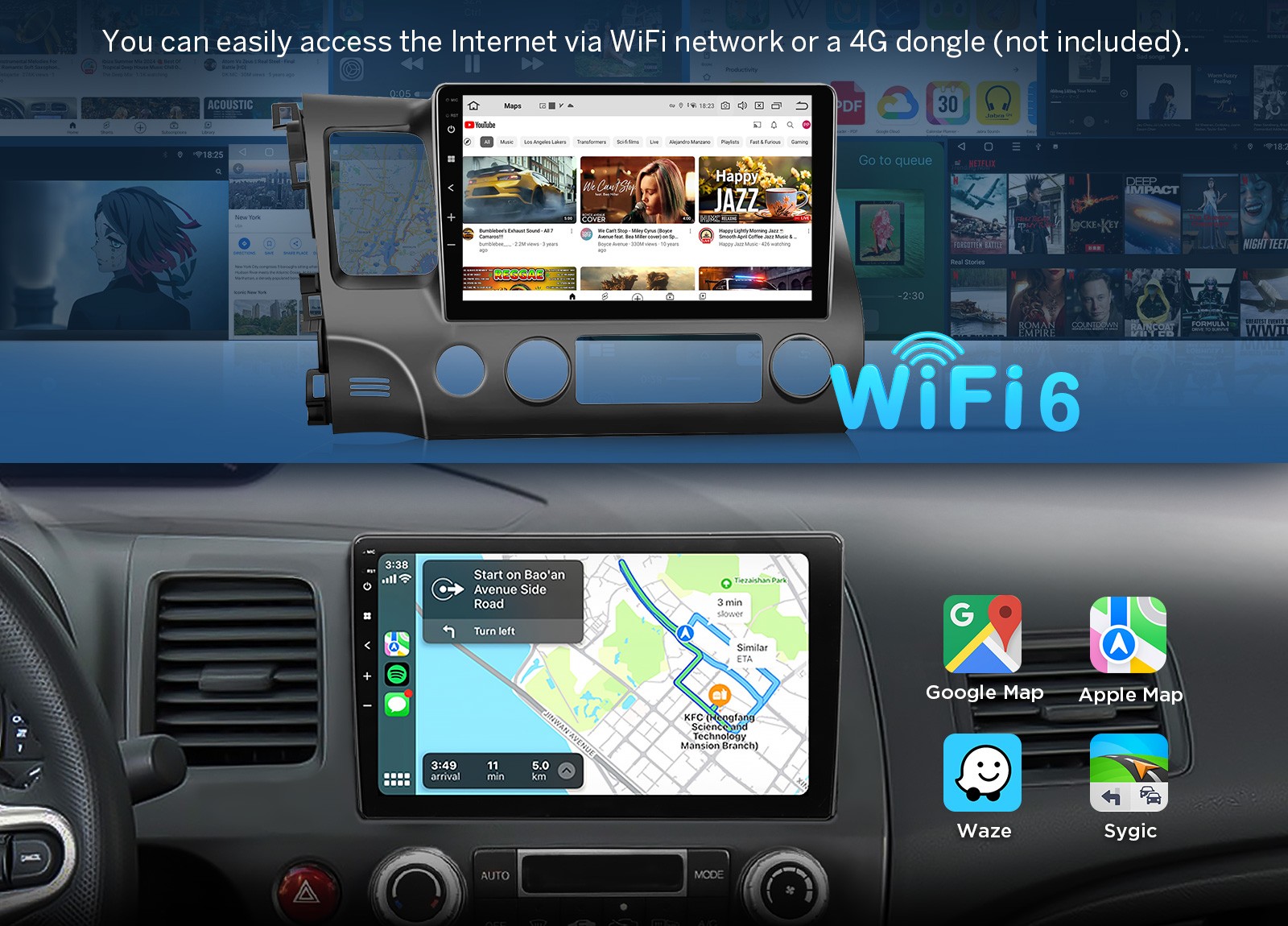 10.1" Touch Screen Carplay Android 14 For 06-11 Honda Civic Car Stereo Radio GPS