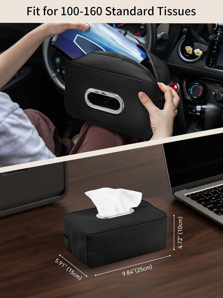 Multi-Functional Car Tissue Holder with ‌2 Storage Nets, Upgraded PU Black