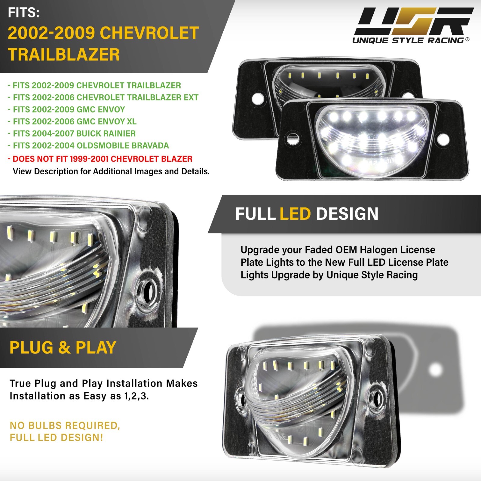 License Plate Light LED WHITE 2pc For 02-09 Chevrolet Trailblazer / GMC Envoy