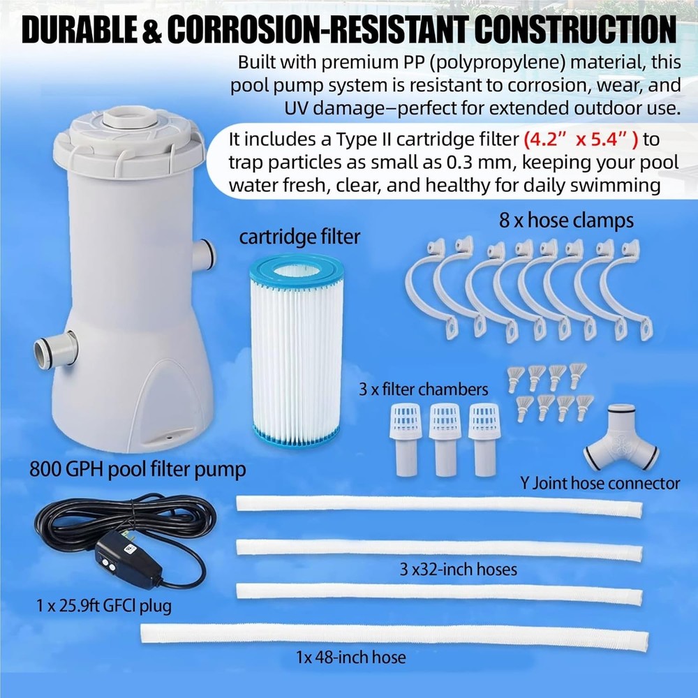 800 GPH Pool Filter Pump for Above Ground Pools, Powerful Circulation System wi