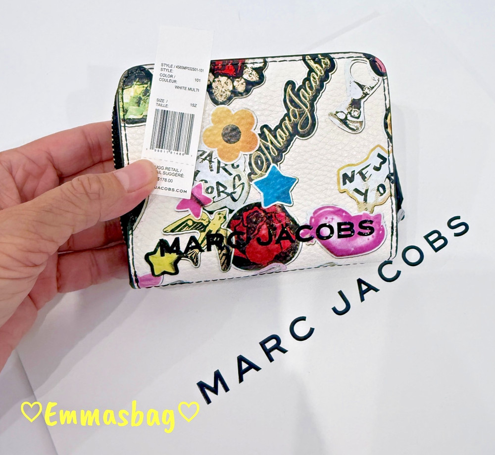 Marc Jacobs Printed Mini Compact Wallet Pebbled Leather White Multi