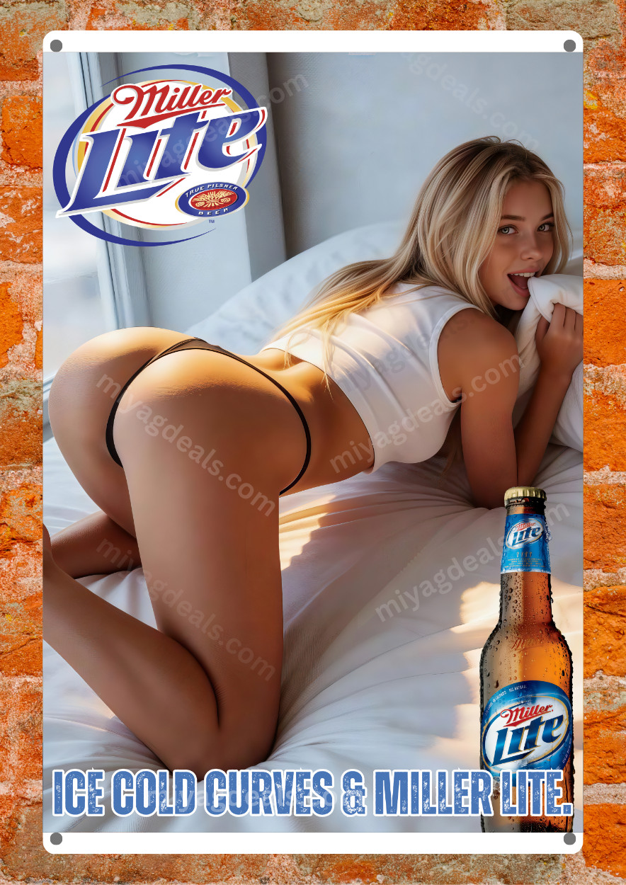 Ice Cold Miller Lite Beer Metal Sign Sexy Girl  Man Cave Bar Wall Decor Read Des