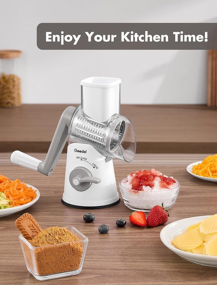Rotating cheese grater with 5 interchangeable blades—