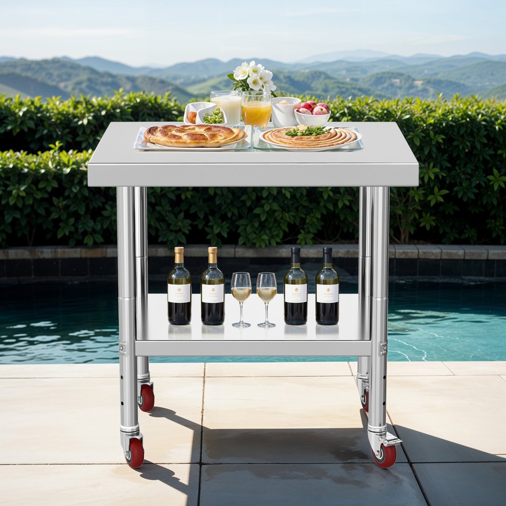 30"x24" Rolling Kitchen Work Table Stainless Steel Double Shelf Lockable Wheels