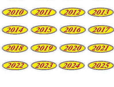 Car Dealer Windshield Oval Model Year Stickers, 4 Digit Red/Yellow