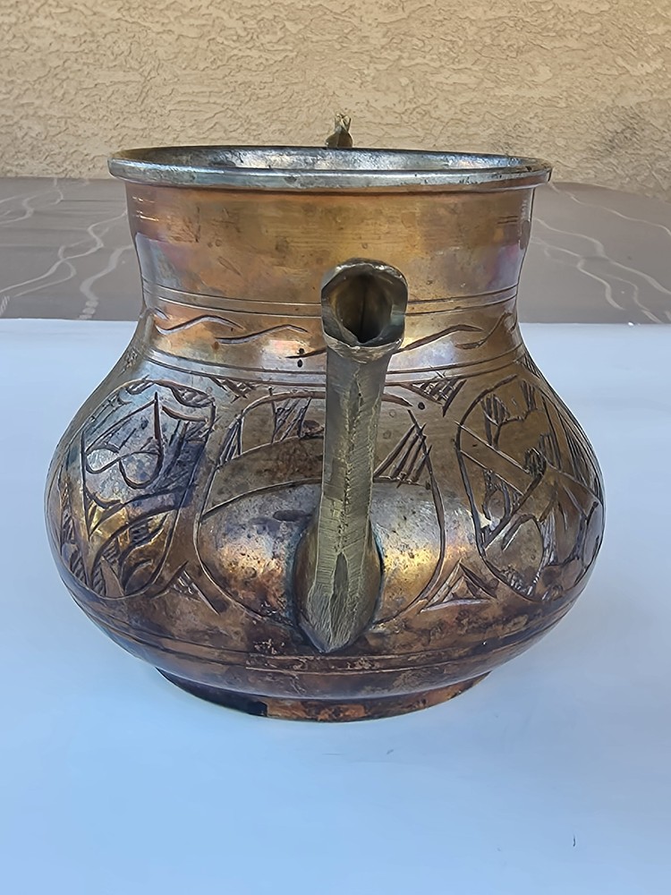 Antique Tinned Copper Ewer Hand Hammered Islamic Middle Eastern Pitcher