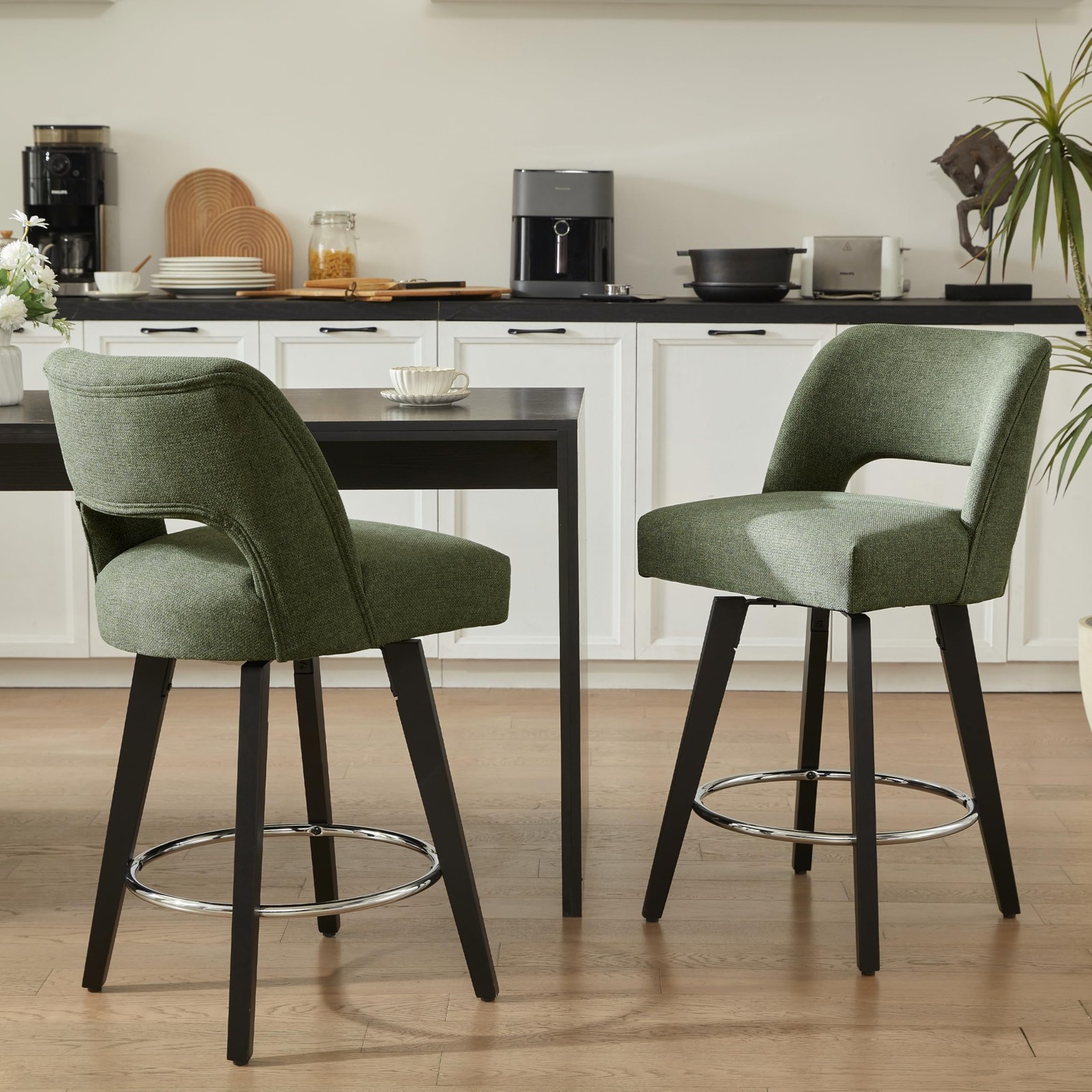 Green Modern Bar Stools Set of 2 with Supportive Back for Kitchen Island
